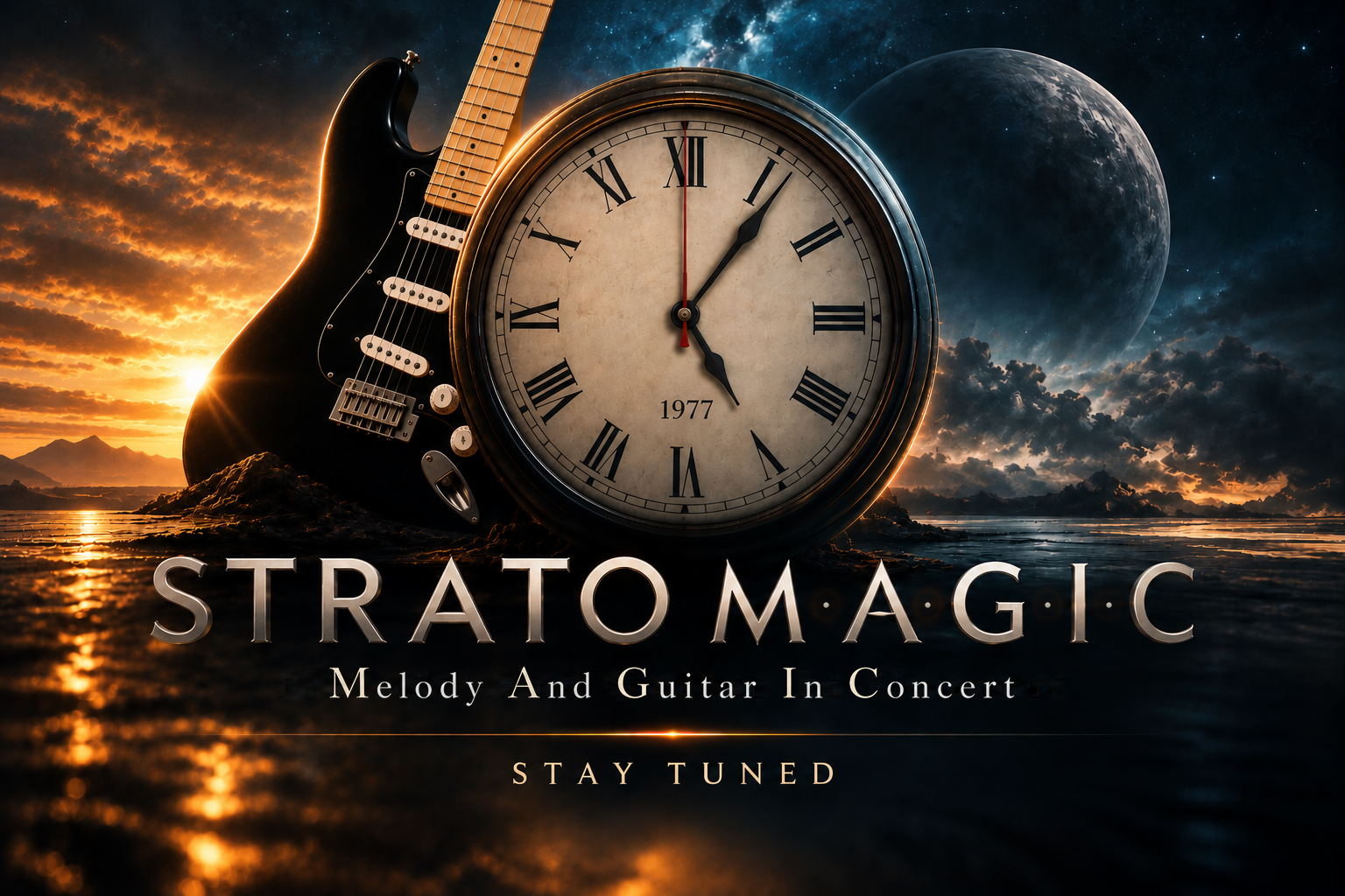 STRATOMAGIC — Melody And Guitar In Concert. Chitarra e orologio con la data 1977 su un paesaggio cosmico. Stay tuned.